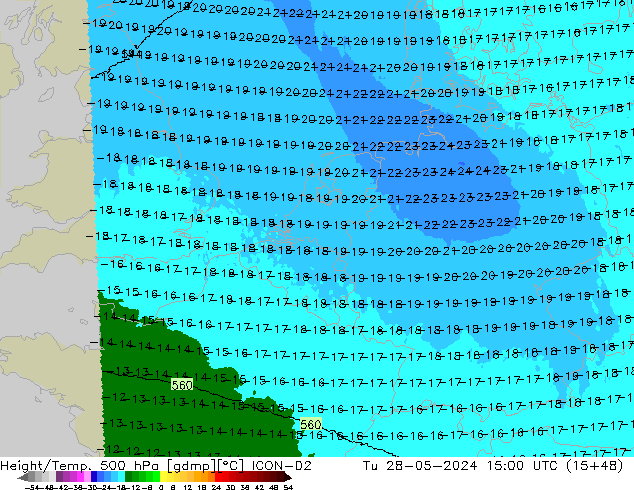 Height/Temp. 500 hPa ICON-D2 Di 28.05.2024 15 UTC