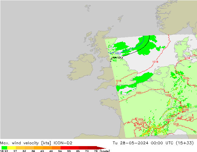 Max. wind velocity ICON-D2 Tu 28.05.2024 00 UTC