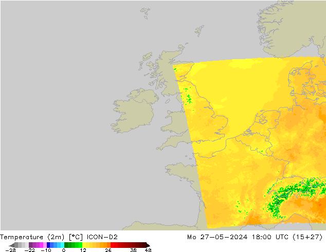 Temperature (2m) ICON-D2 Po 27.05.2024 18 UTC