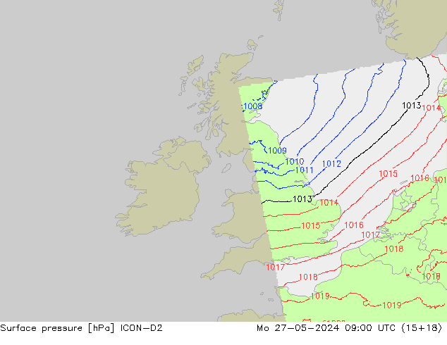 Pressione al suolo ICON-D2 lun 27.05.2024 09 UTC
