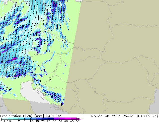 Precipitation (12h) ICON-D2 Po 27.05.2024 18 UTC