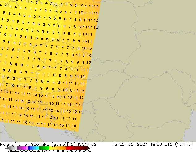 Height/Temp. 850 гПа ICON-D2 вт 28.05.2024 18 UTC