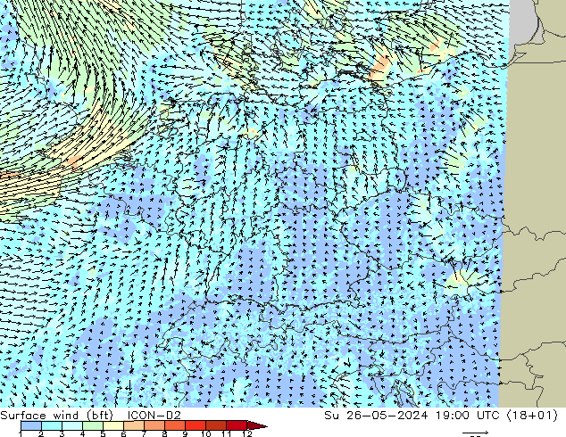 Bodenwind (bft) ICON-D2 So 26.05.2024 19 UTC