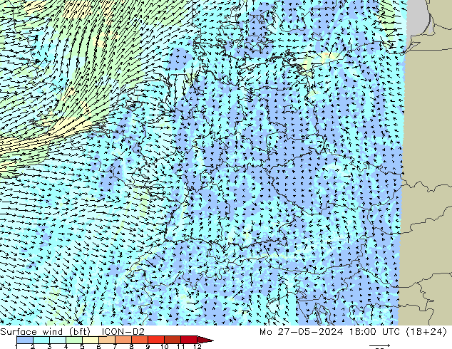 Surface wind (bft) ICON-D2 Mo 27.05.2024 18 UTC