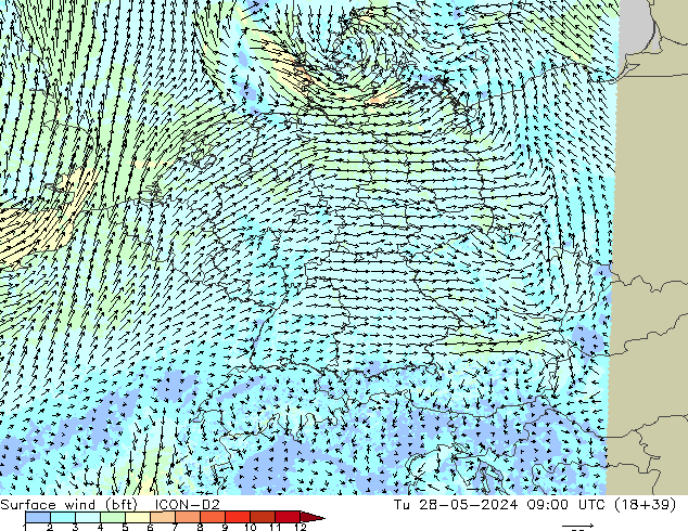 Surface wind (bft) ICON-D2 Tu 28.05.2024 09 UTC