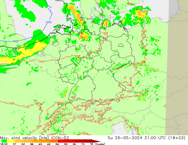 Maks. Rüzgar Hızı ICON-D2 Paz 26.05.2024 21 UTC