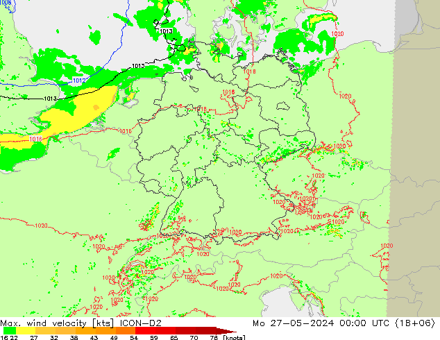 Max. wind velocity ICON-D2 lun 27.05.2024 00 UTC