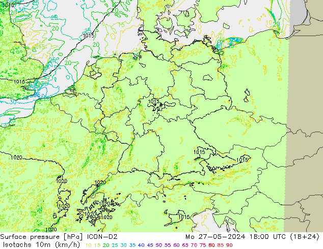 Isotachen (km/h) ICON-D2 Mo 27.05.2024 18 UTC