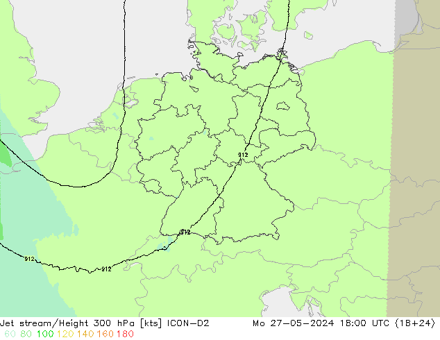 Corriente en chorro ICON-D2 lun 27.05.2024 18 UTC