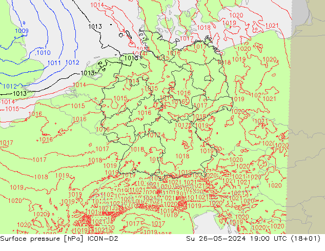 Surface pressure ICON-D2 Su 26.05.2024 19 UTC