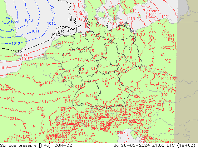 Luchtdruk (Grond) ICON-D2 zo 26.05.2024 21 UTC