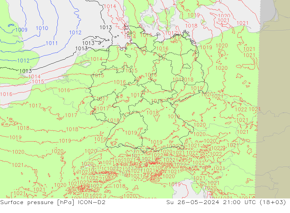 Atmosférický tlak ICON-D2 Ne 26.05.2024 21 UTC