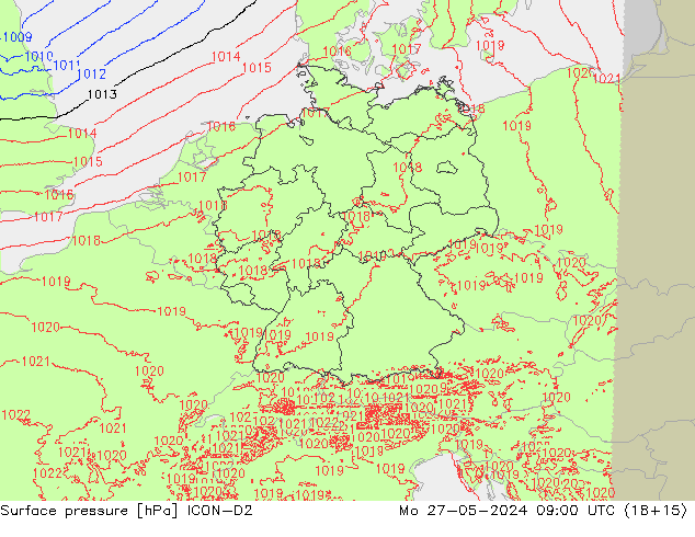 Presión superficial ICON-D2 lun 27.05.2024 09 UTC