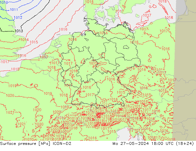 Surface pressure ICON-D2 Mo 27.05.2024 18 UTC