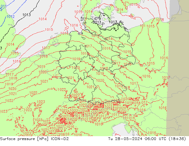 Atmosférický tlak ICON-D2 Út 28.05.2024 06 UTC