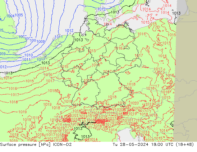 Atmosférický tlak ICON-D2 Út 28.05.2024 18 UTC