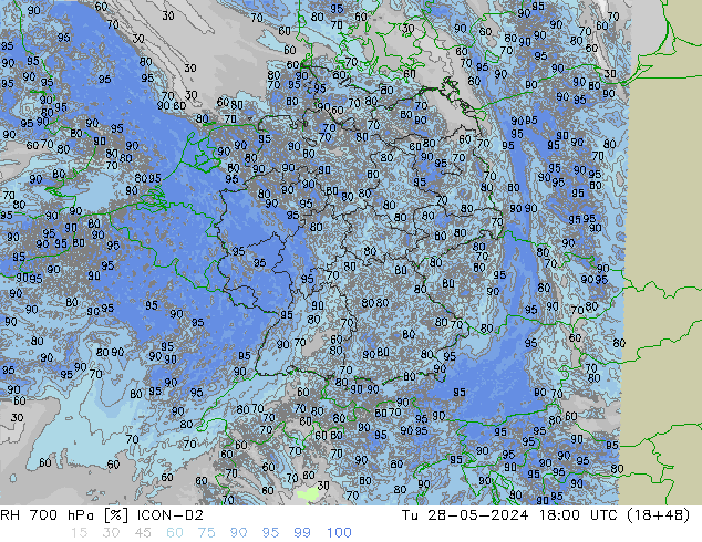 Humidité rel. 700 hPa ICON-D2 mar 28.05.2024 18 UTC