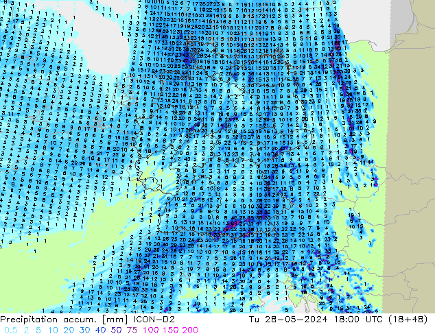 Precipitation accum. ICON-D2 вт 28.05.2024 18 UTC