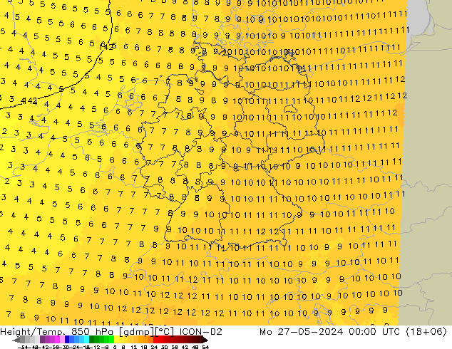 Height/Temp. 850 hPa ICON-D2  27.05.2024 00 UTC