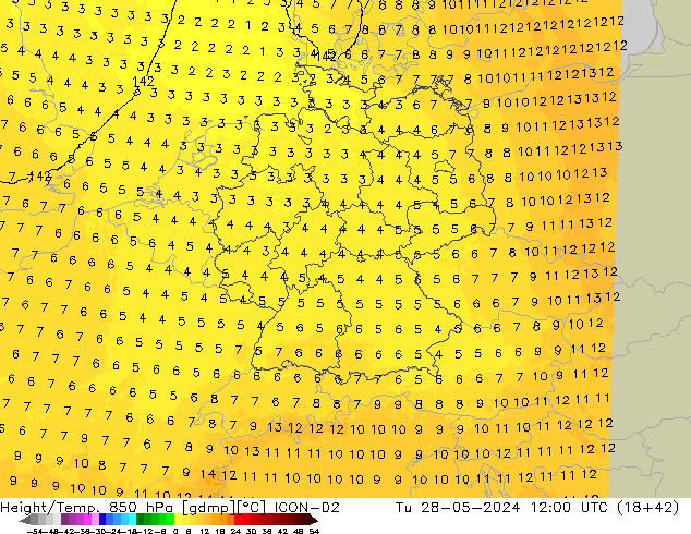 Height/Temp. 850 hPa ICON-D2 Tu 28.05.2024 12 UTC