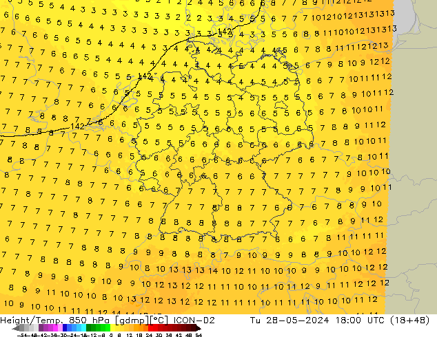 Hoogte/Temp. 850 hPa ICON-D2 di 28.05.2024 18 UTC