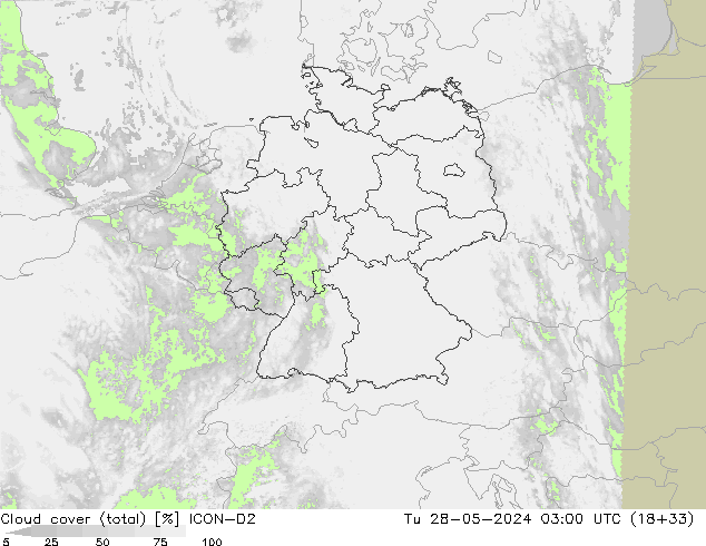 Cloud cover (total) ICON-D2 Tu 28.05.2024 03 UTC