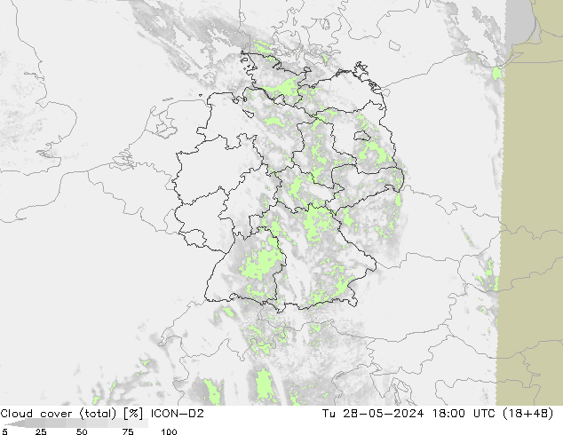 Cloud cover (total) ICON-D2 Út 28.05.2024 18 UTC