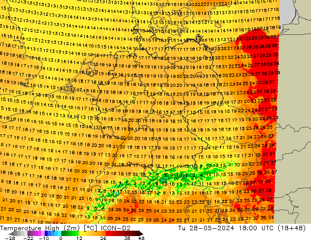 Temperature High (2m) ICON-D2 Tu 28.05.2024 18 UTC