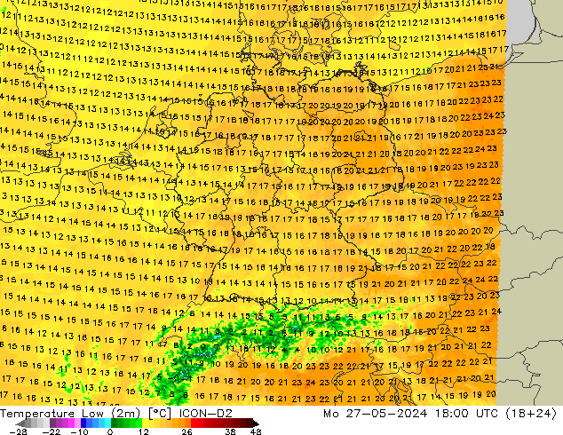 Temperature Low (2m) ICON-D2 Mo 27.05.2024 18 UTC