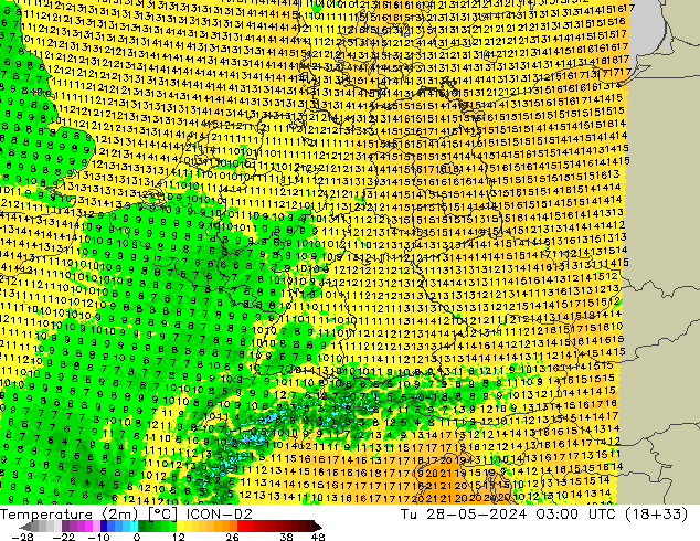 Temperatura (2m) ICON-D2 Ter 28.05.2024 03 UTC