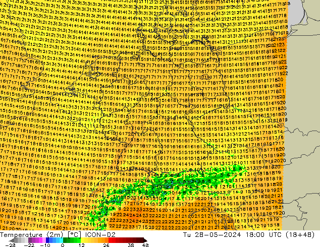 Temperature (2m) ICON-D2 Út 28.05.2024 18 UTC