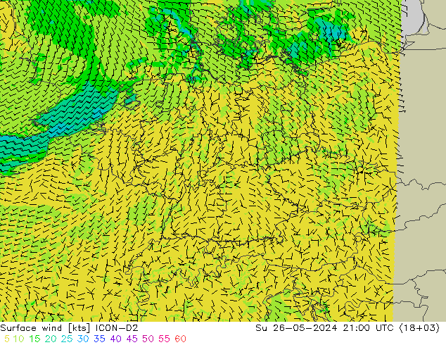 Surface wind ICON-D2 Ne 26.05.2024 21 UTC