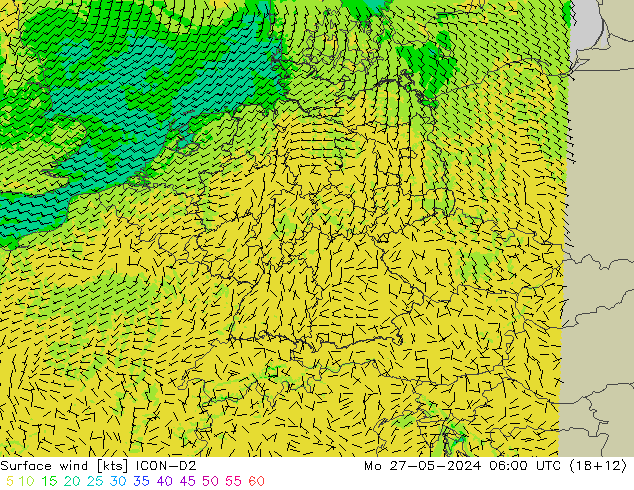 Viento 10 m ICON-D2 lun 27.05.2024 06 UTC