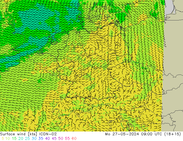 Surface wind ICON-D2 Mo 27.05.2024 09 UTC