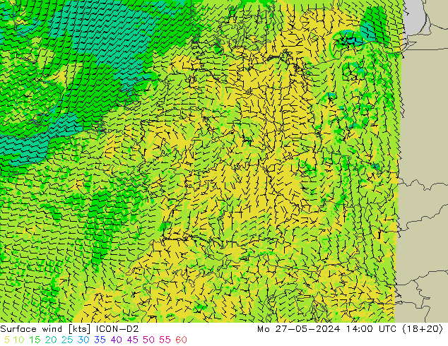 Surface wind ICON-D2 Mo 27.05.2024 14 UTC