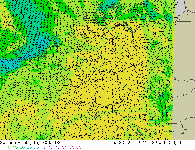 wiatr 10 m ICON-D2 wto. 28.05.2024 18 UTC