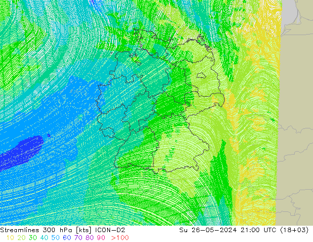 Streamlines 300 hPa ICON-D2 Su 26.05.2024 21 UTC