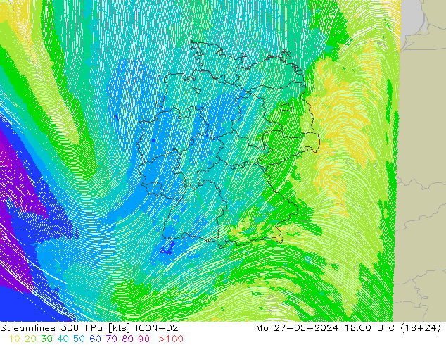 Linha de corrente 300 hPa ICON-D2 Seg 27.05.2024 18 UTC