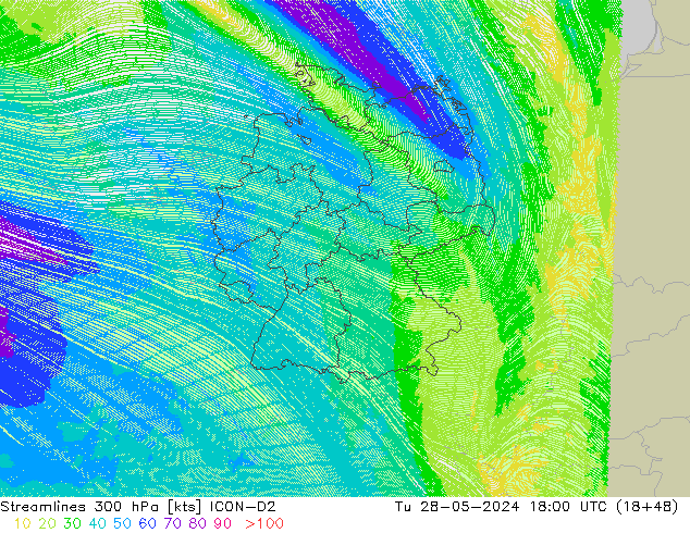 ветер 300 гПа ICON-D2 вт 28.05.2024 18 UTC