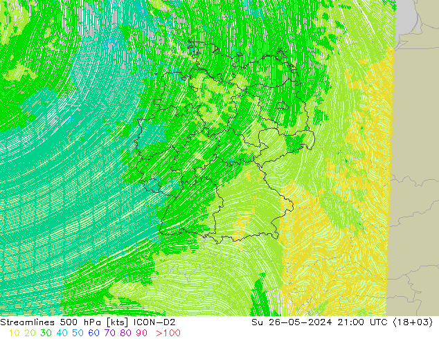 Stroomlijn 500 hPa ICON-D2 zo 26.05.2024 21 UTC