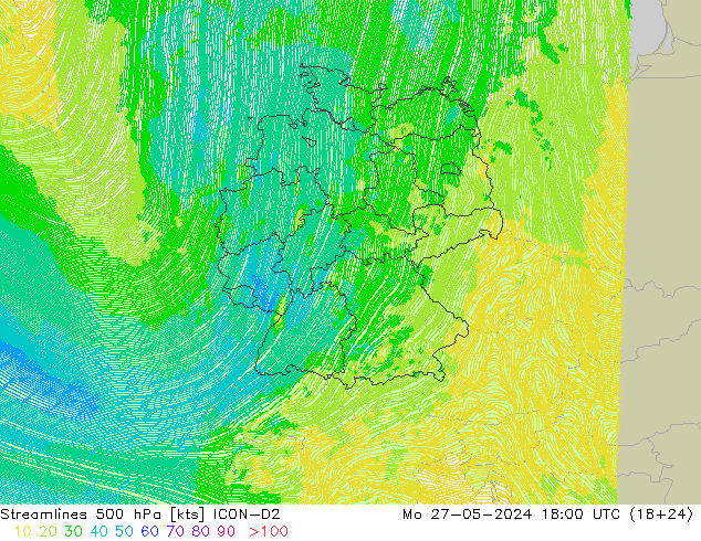 Streamlines 500 hPa ICON-D2 Mo 27.05.2024 18 UTC