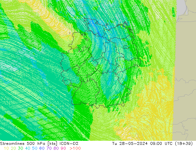 Stromlinien 500 hPa ICON-D2 Di 28.05.2024 09 UTC