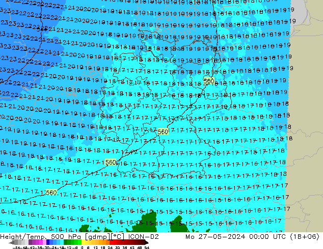 Height/Temp. 500 hPa ICON-D2 Mo 27.05.2024 00 UTC