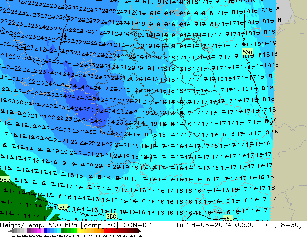 Géop./Temp. 500 hPa ICON-D2 mar 28.05.2024 00 UTC