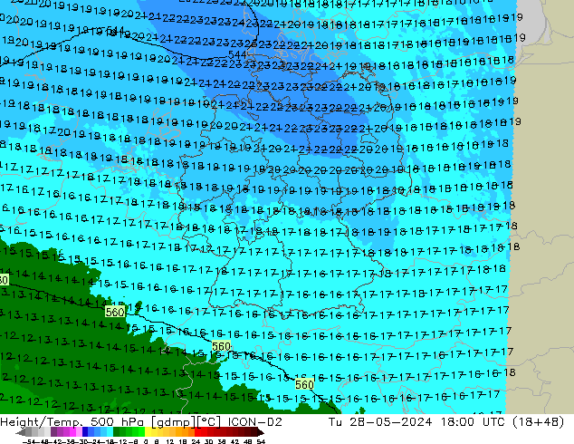 Height/Temp. 500 hPa ICON-D2 Di 28.05.2024 18 UTC