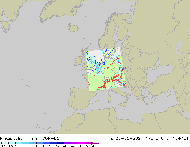 Precipitation ICON-D2 Tu 28.05.2024 18 UTC