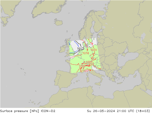 Luchtdruk (Grond) ICON-D2 zo 26.05.2024 21 UTC