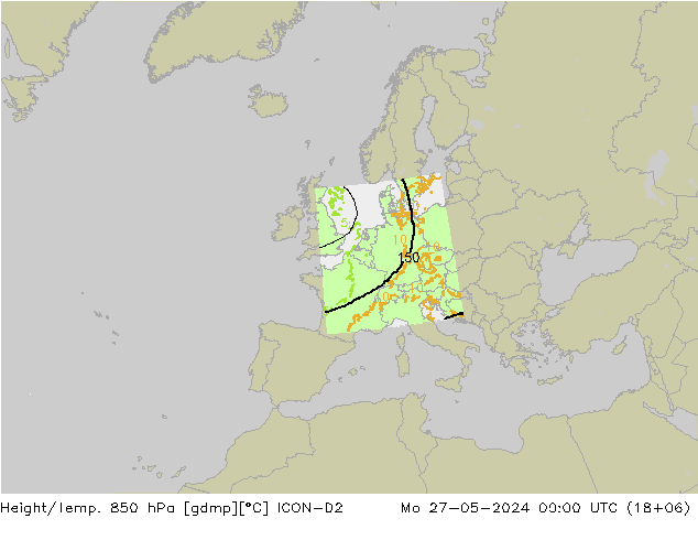 Geop./Temp. 850 hPa ICON-D2 lun 27.05.2024 00 UTC