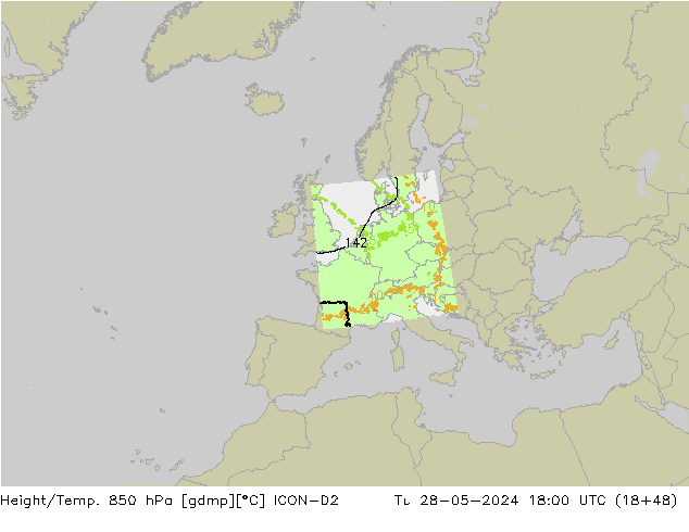 Géop./Temp. 850 hPa ICON-D2 mar 28.05.2024 18 UTC