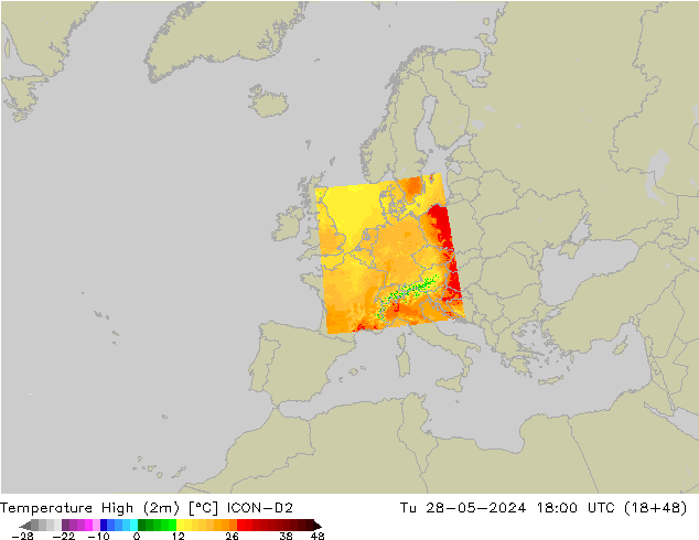 température 2m max ICON-D2 mar 28.05.2024 18 UTC